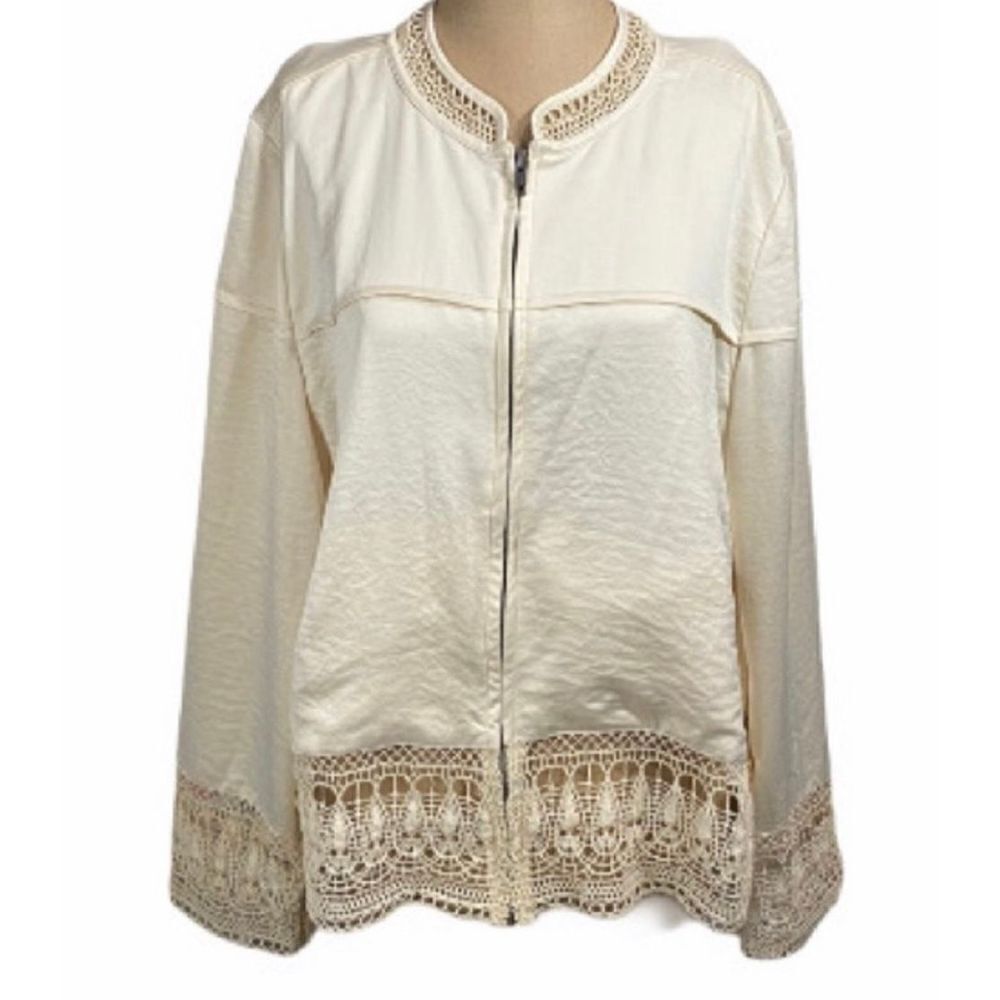 Hinge Silk & Crochet Zip Front Bomber Jacket Ivory Size Small Granny Core